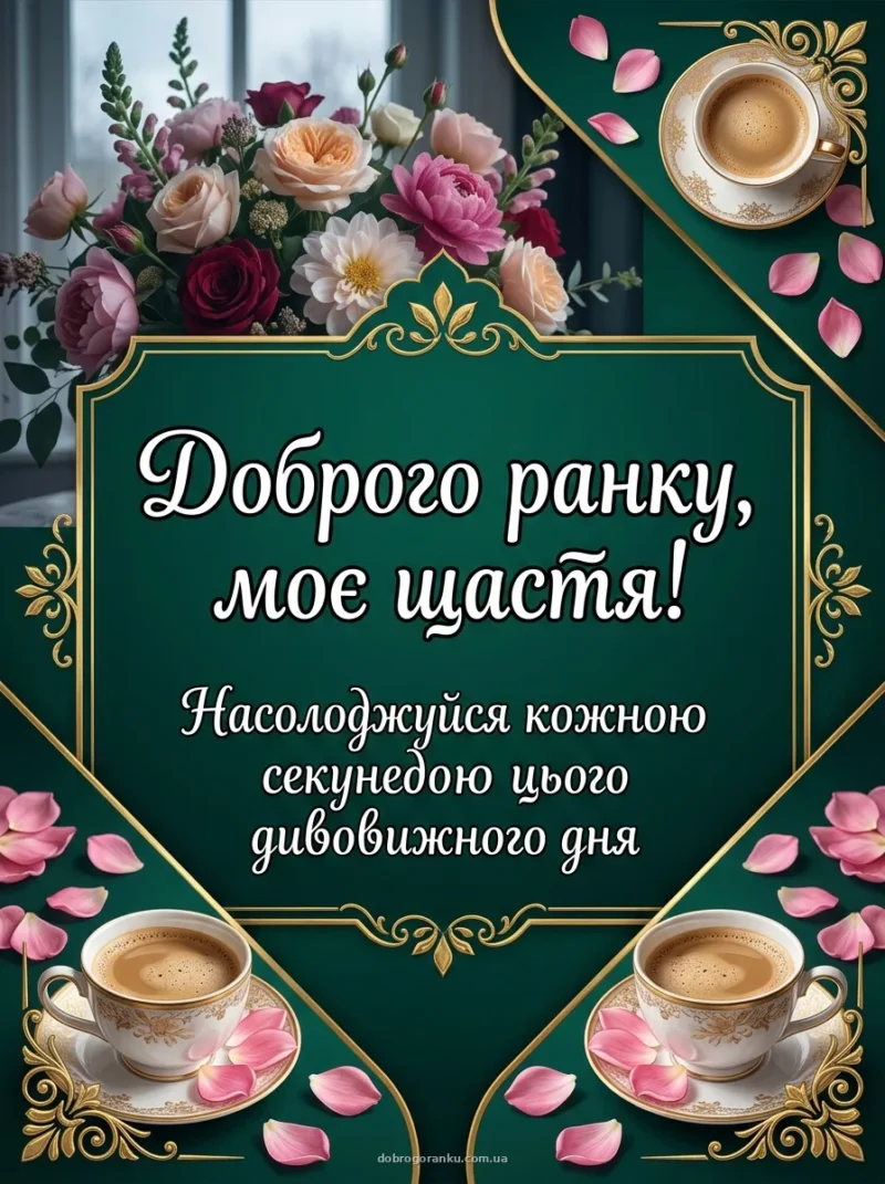 Чашка кави та рожеві пелюстки — Доброго ранку, моє щастя!