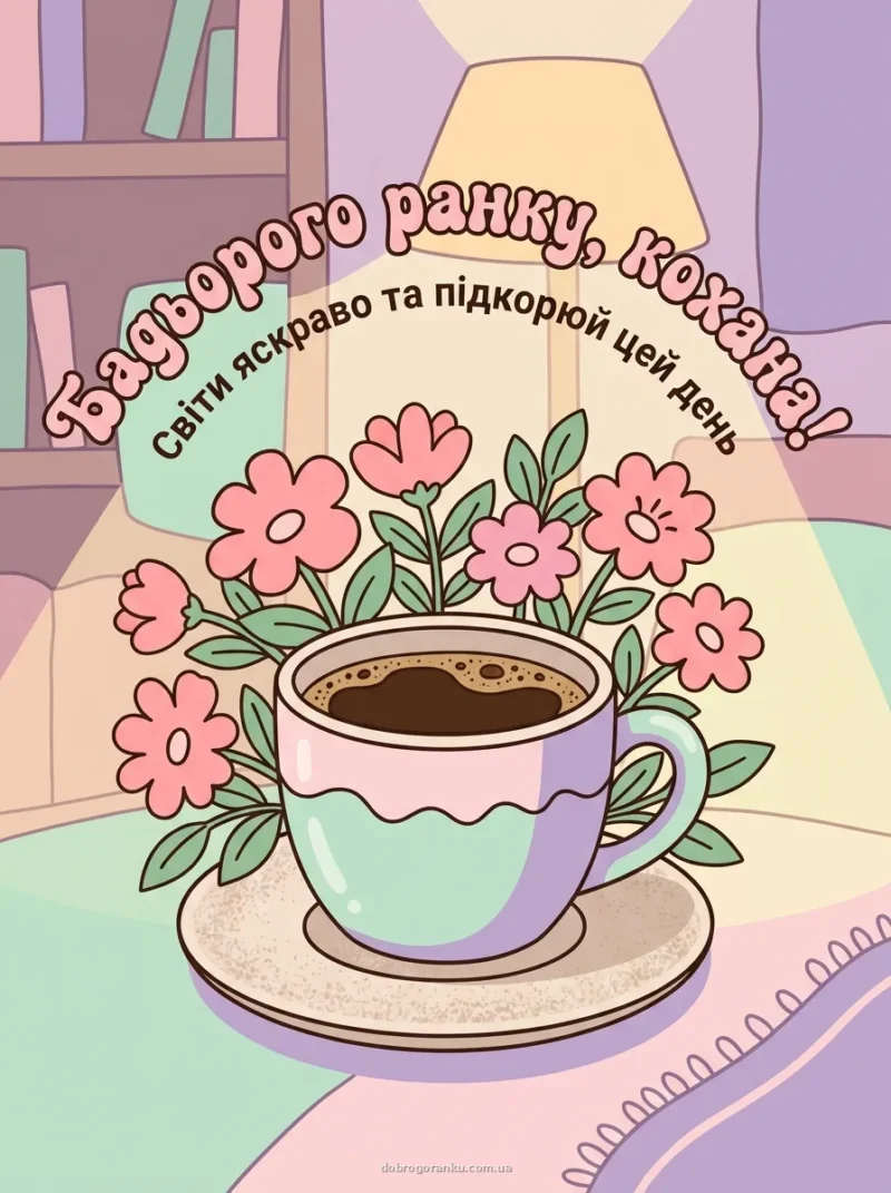 Чашка ранкової кави з рожевими квітами — Бадьорого ранку, кохана!