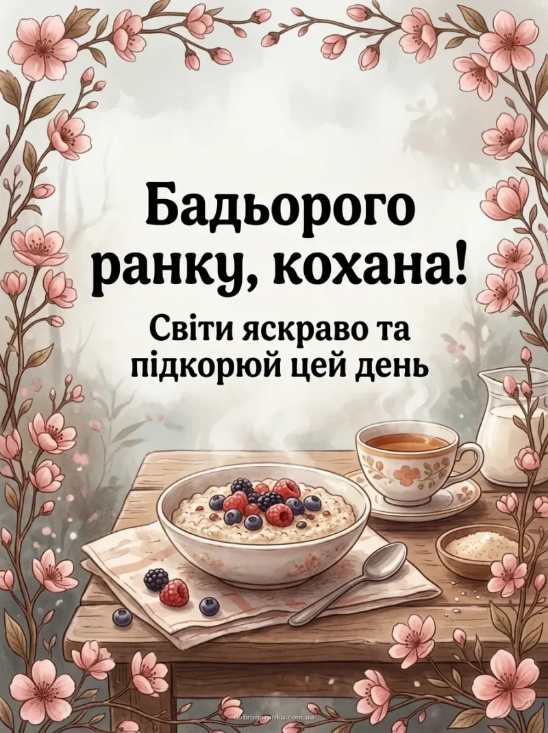 Чашка ранкової кави з рожевими квітами — Бадьорого ранку, кохана!