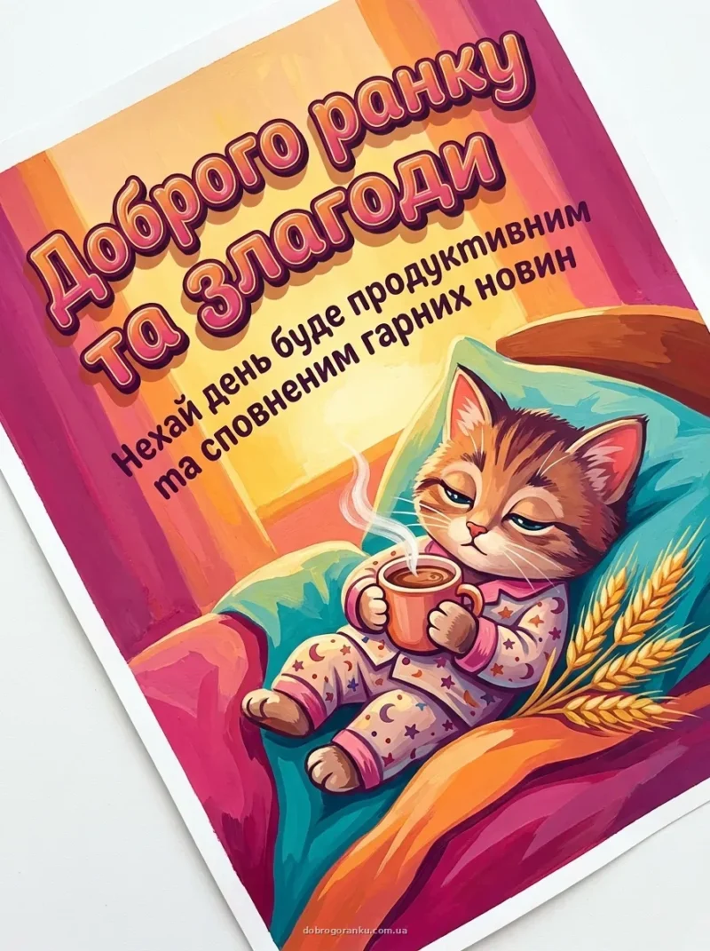 Чашка запашного чаю та колоски жита — Доброго ранку та злагоди