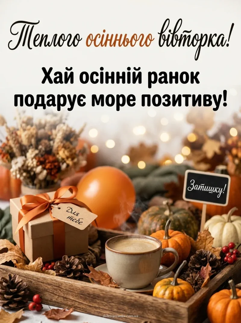 Дерев'яний тац із кавою та гарбузиками — Теплого осіннього вівторка!
