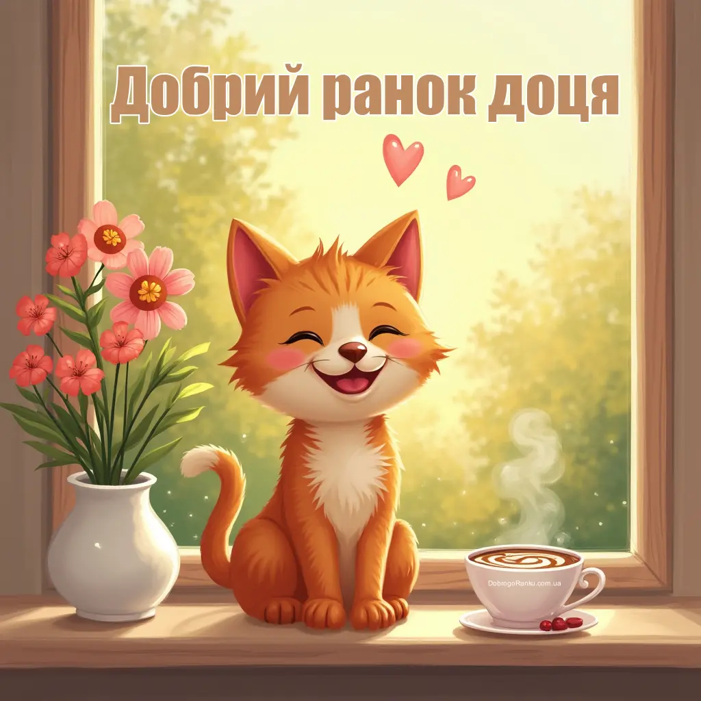 Добрий ранок доця - картинки. Котик, кава, квіти