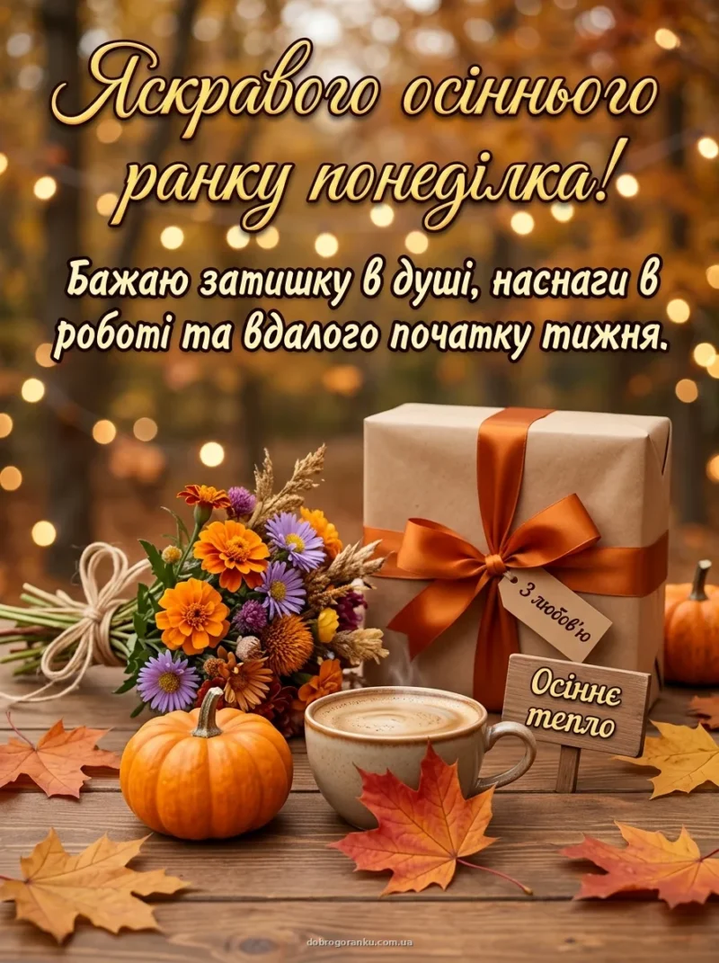 Гарбуз, кава та осіннє листя на дерев'яному столі — Теплого понеділка!