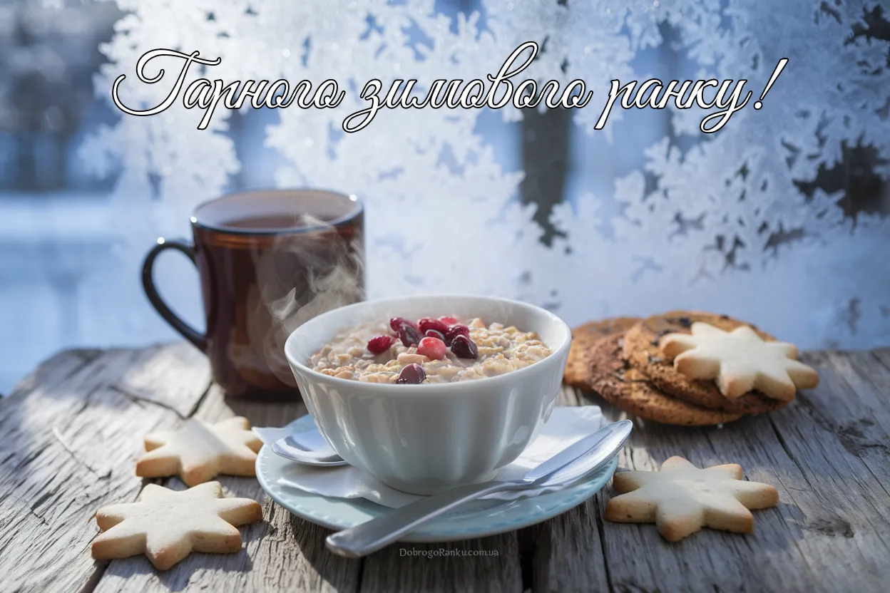 Гарного зимового ранку! Картинка з чаєм та сніданком