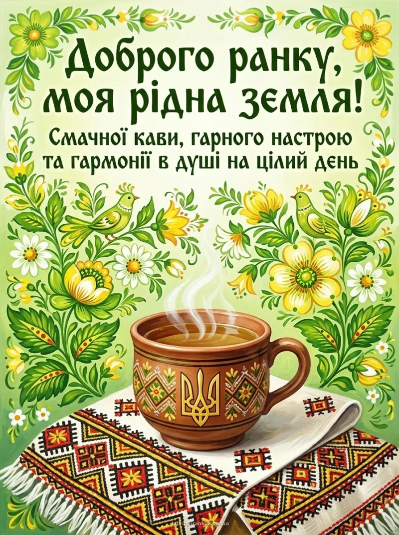 Глиняна чашка з тризубом та вишиванка — патріотичні картинки доброго ранку