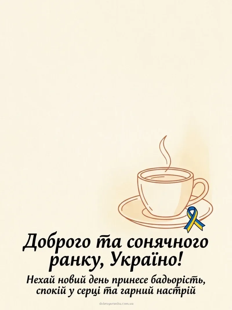 Горнятко кави на тлі жовто-блакитного прапора — патріотичні картинки доброго ранку українською