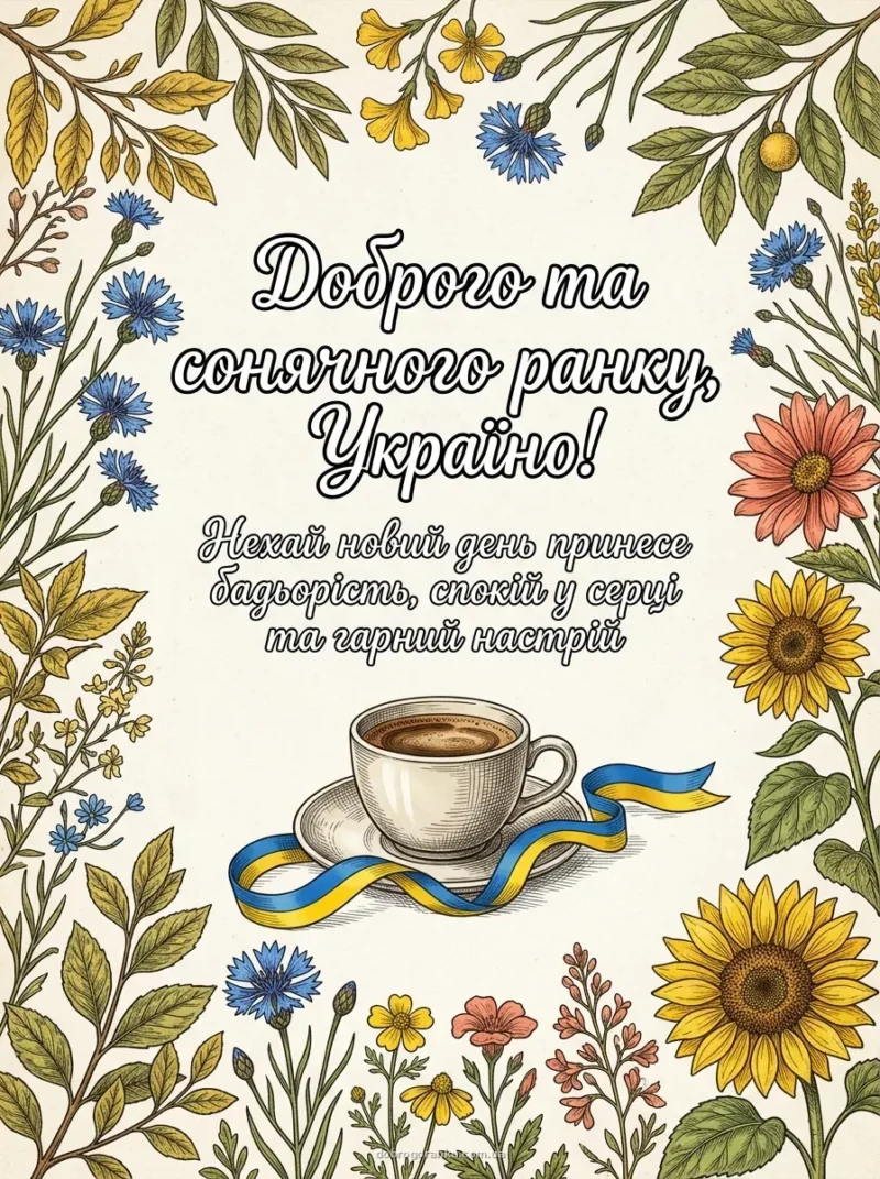 Горнятко кави на тлі жовто-блакитного прапора — патріотичні картинки доброго ранку українською