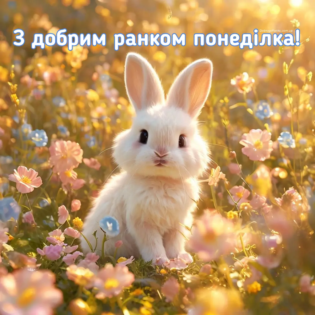 Картинка із побажанням доброго ранку понеділка. Зайчик, польові квіти