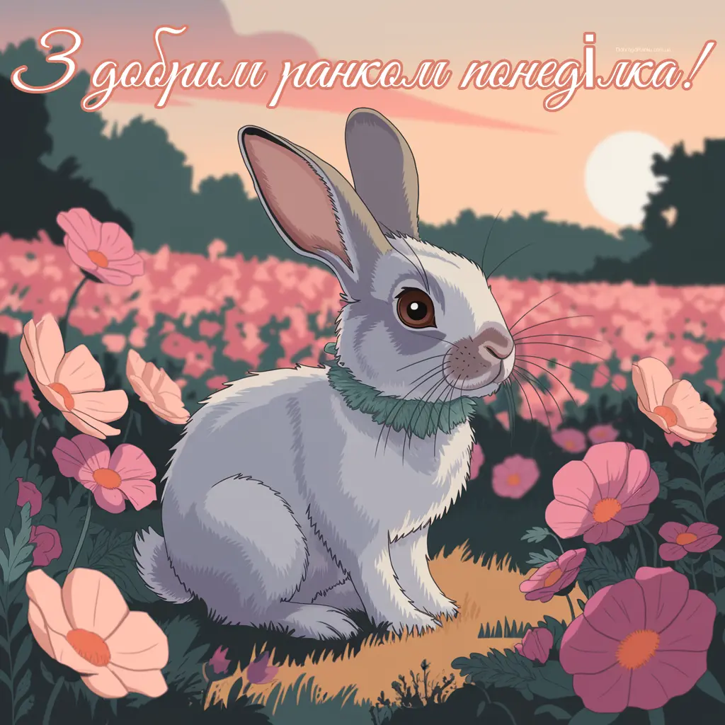 Картинка з добрим ранком понеділка. Квіти, зайчик, схід сонця.