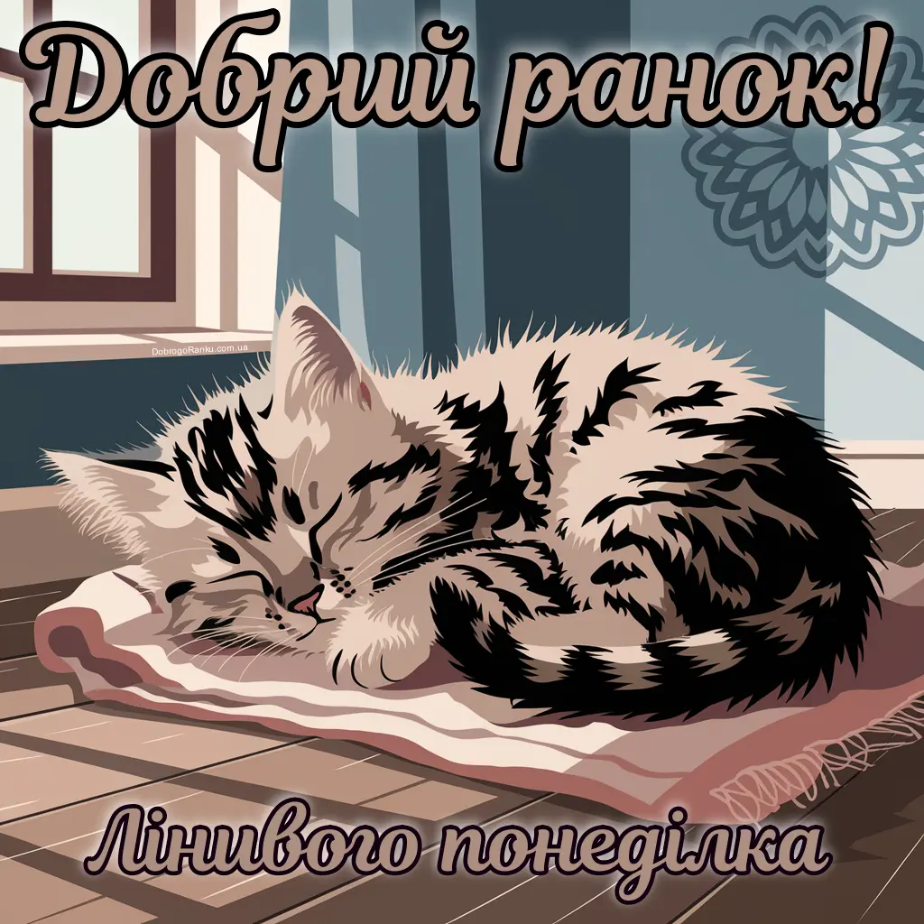 Картинка з добрим ранком. Лінивий понеділок, котик, дім