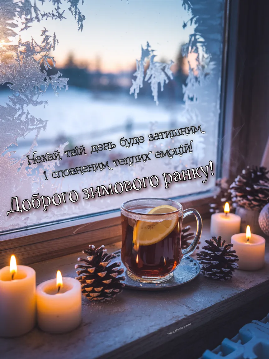 Картинка з побажанням доброго зимового ранку! Кружка чаю з лимоном на фоні вікна, шишки, свічки