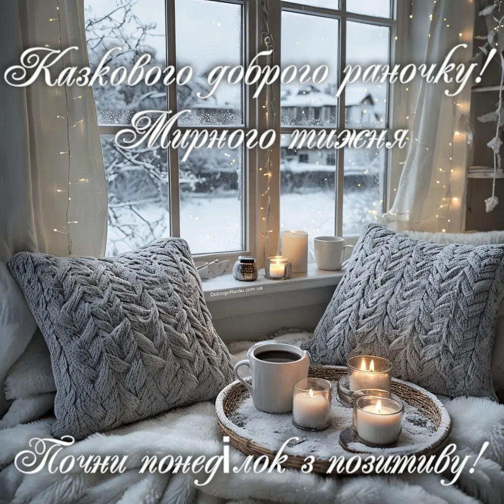 Картинка з побажанням казкового ранку, миру і позитиву. Затишок, чай, свічки