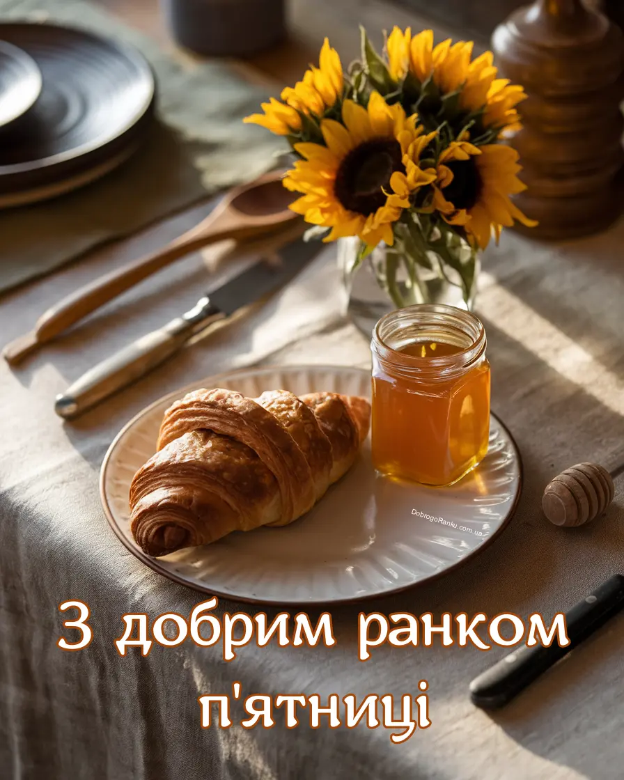 Картинка з привітанням доброго ранку п'ятниці. Круасани, соняшники, мед