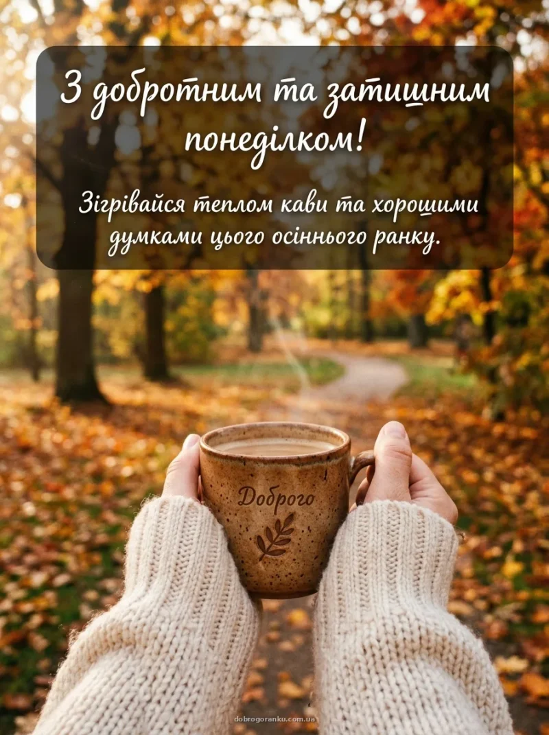 Керамічний кухоль з парком у руках на тлі осіннього парку — Доброго
