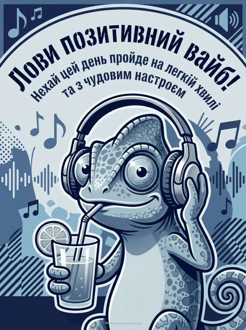 Хамелеон у навушниках — прикольні ранкові картинки