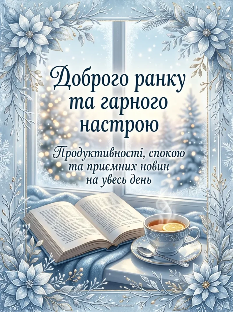 Книга та чашка чаю біля вікна — Доброго ранку та гарного настрою