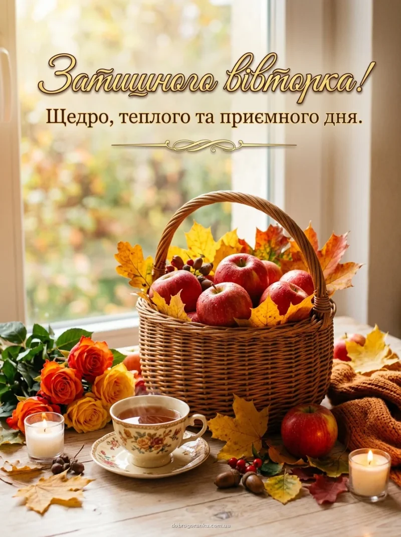 Кошик із яблуками та листям — Затишного осіннього ранку!
