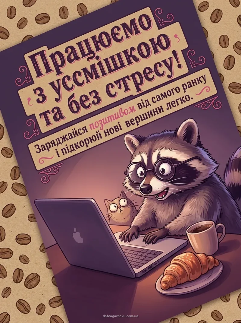 Кумедний єнот за ноутбуком — Смішна картинка гарного дня