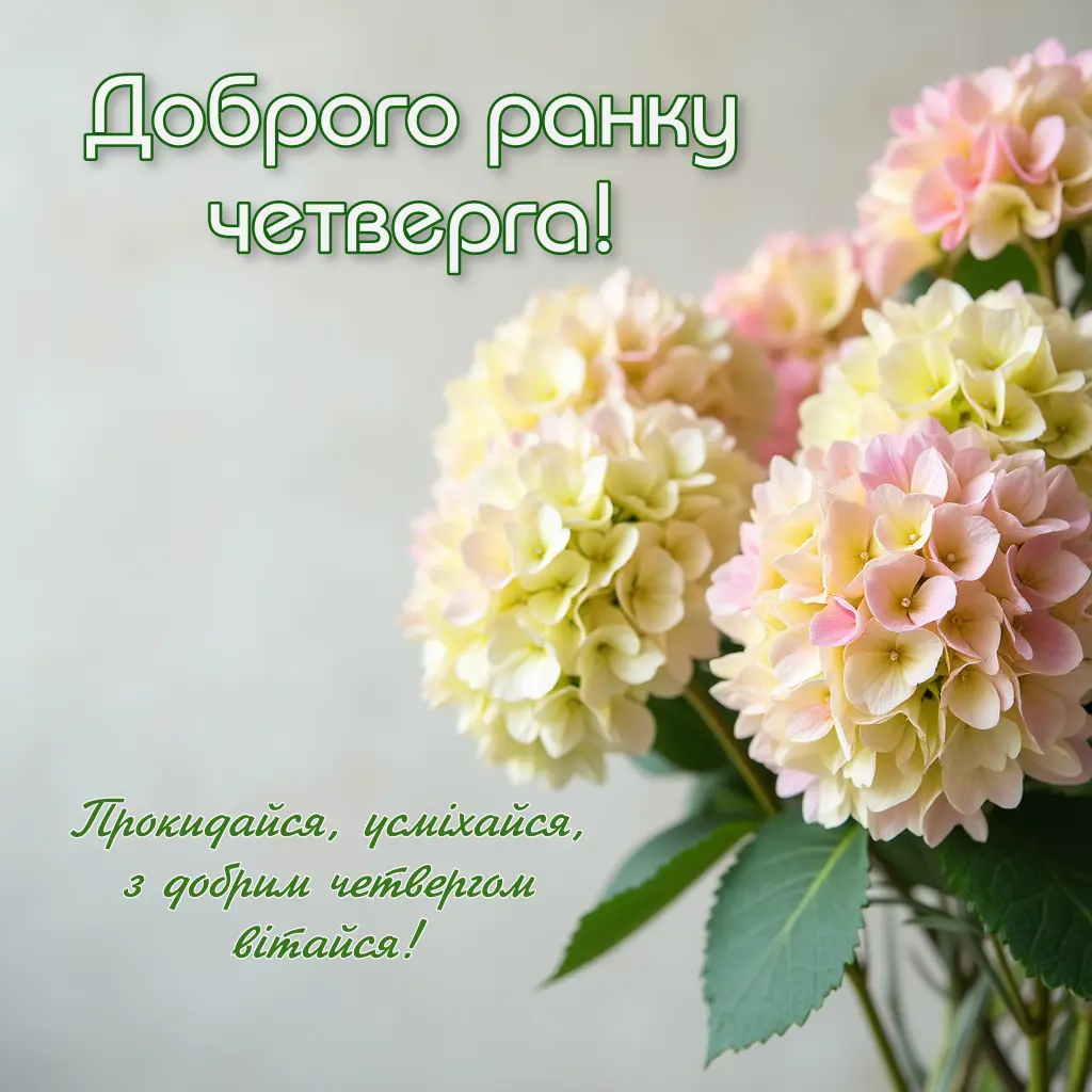 Листівка доброго ранку четверга - квіти гортензії