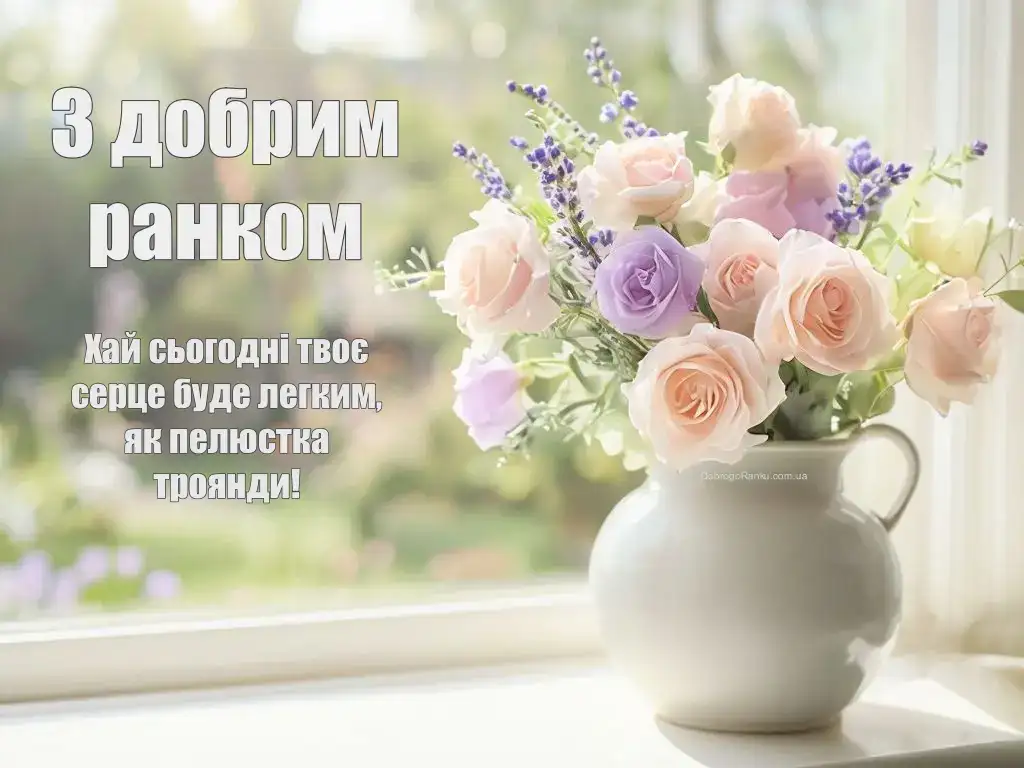Листівка з добрим ранком: троянди, лаванда
