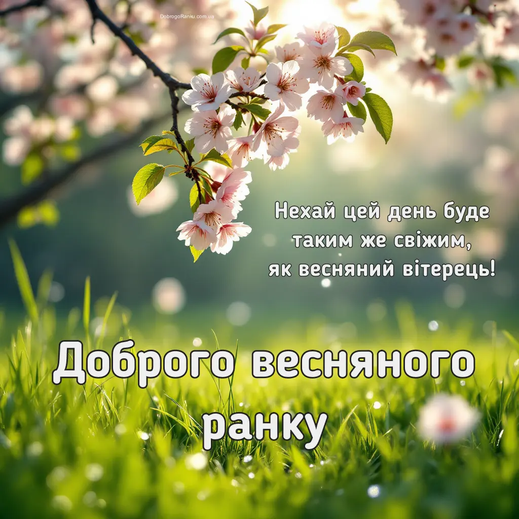 Листівка з побажанням доброго весняного ранку - цвіт вишні