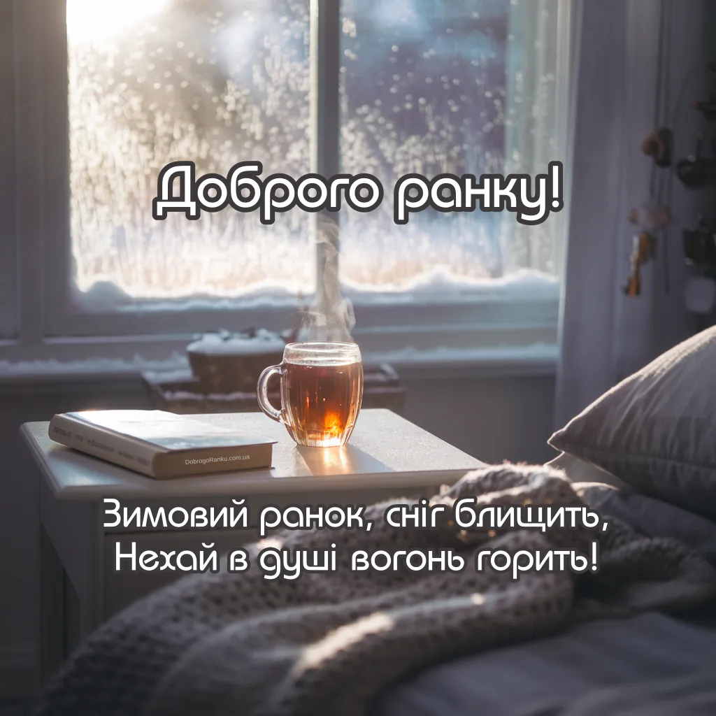 Листівка з привітанням доброго ранку, на фоні засніженого вікна з чаєм та книгою