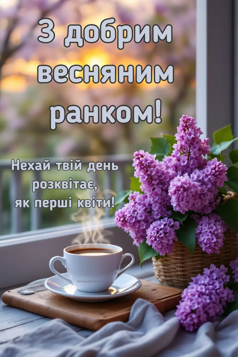 Листівка з привітанням з добрим весняним ранком - бузок