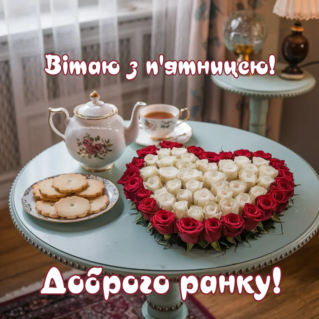 Листівка з вітанням доброго ранку і п'ятницею. Букет роз