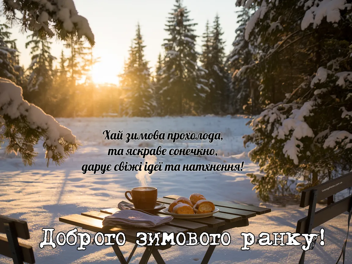 Листівка з вітанням доброго зимового ранку, на фоні сходу сонця