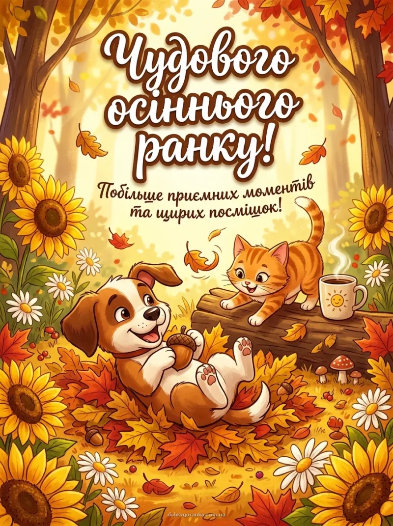 Милий мультяшний песик у листочках — Чудового осіннього ранку!
