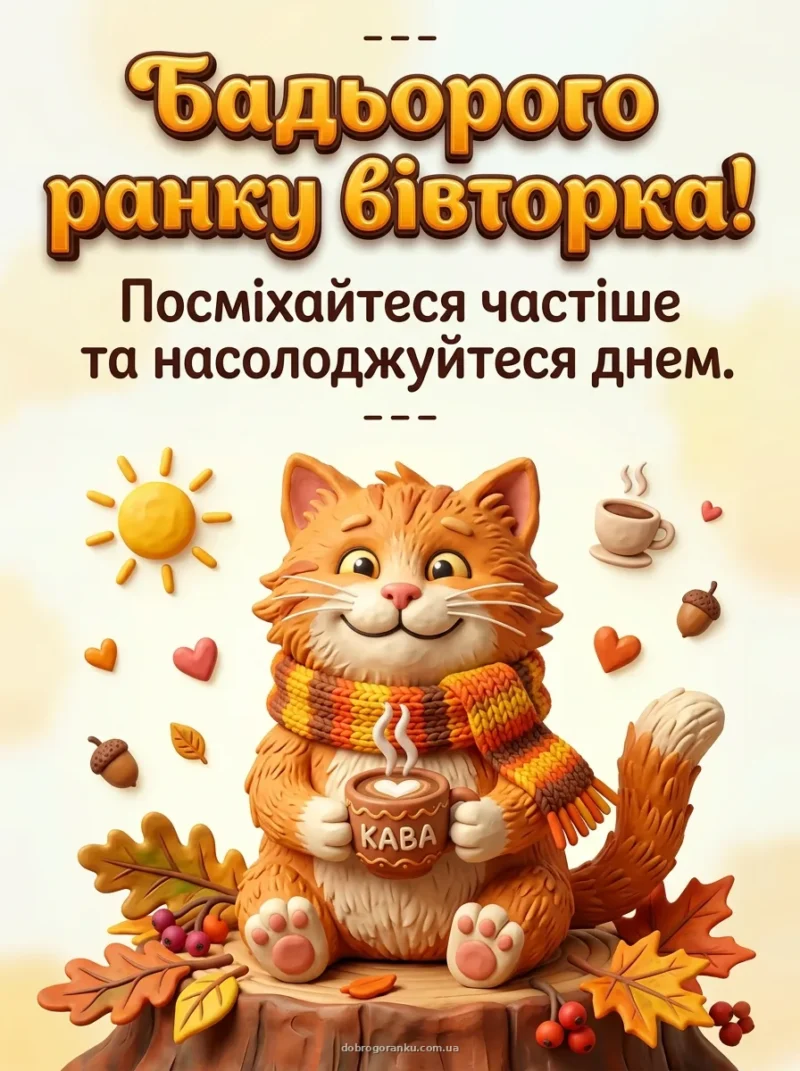 Милий пластиліновий кіт із кавою — Гарного та веселого ранку!