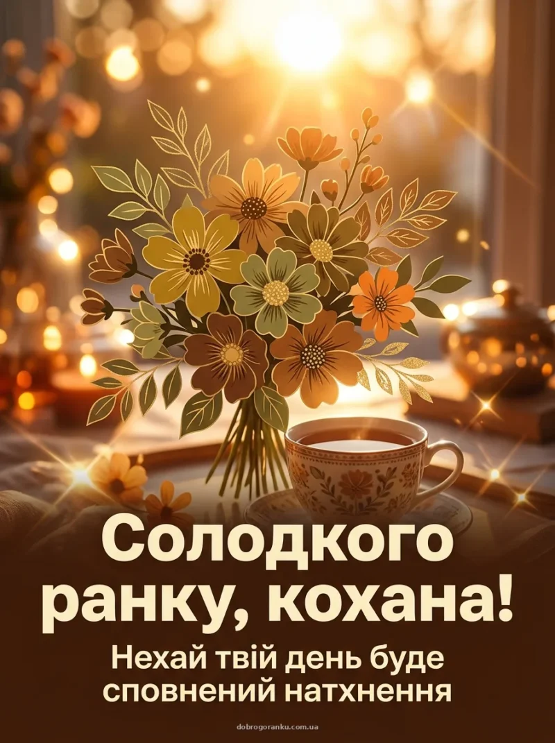 Ніжний букет квіток та чашка чаю — Солодкого ранку, кохана!