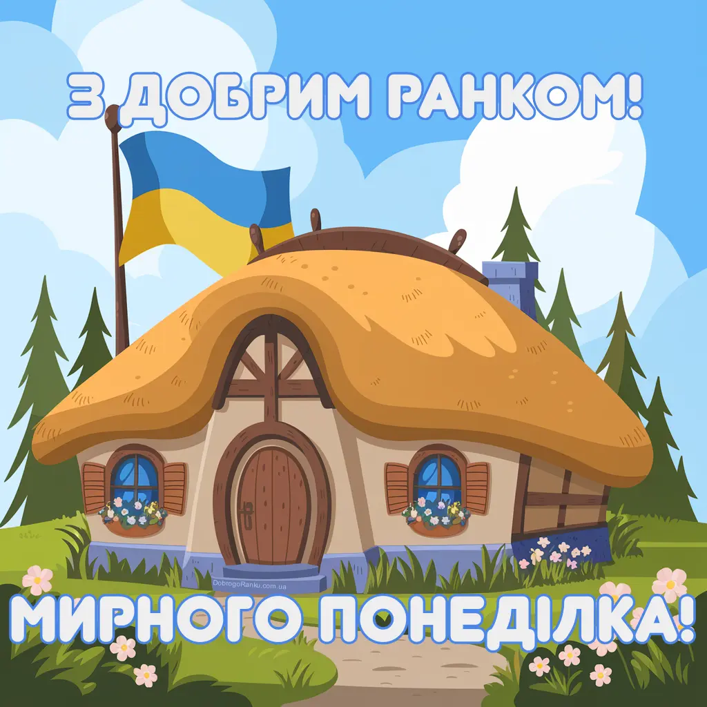 Патріотичне побажання мирного ранку понеділка. Прапор України, хата
