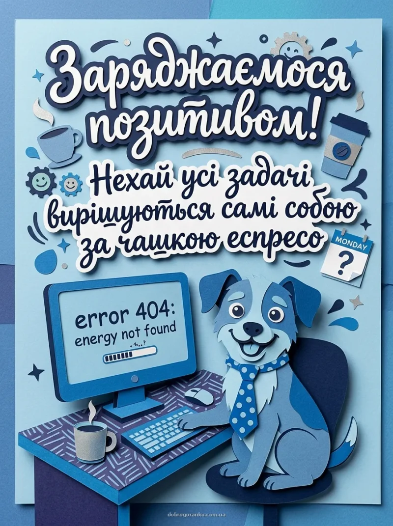 Песик за комп'ютером — веселе ранкове привітання колезі