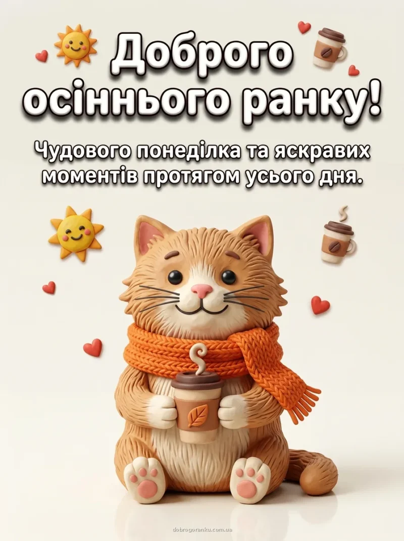 Пластиліновий пухнастий кіт у шарфику — Чудового ранку понеділка!