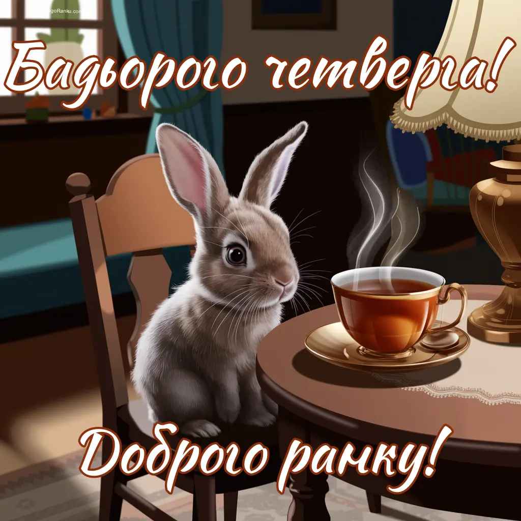 Побажання бадьорого ранку четверга в листівках. Зайчик