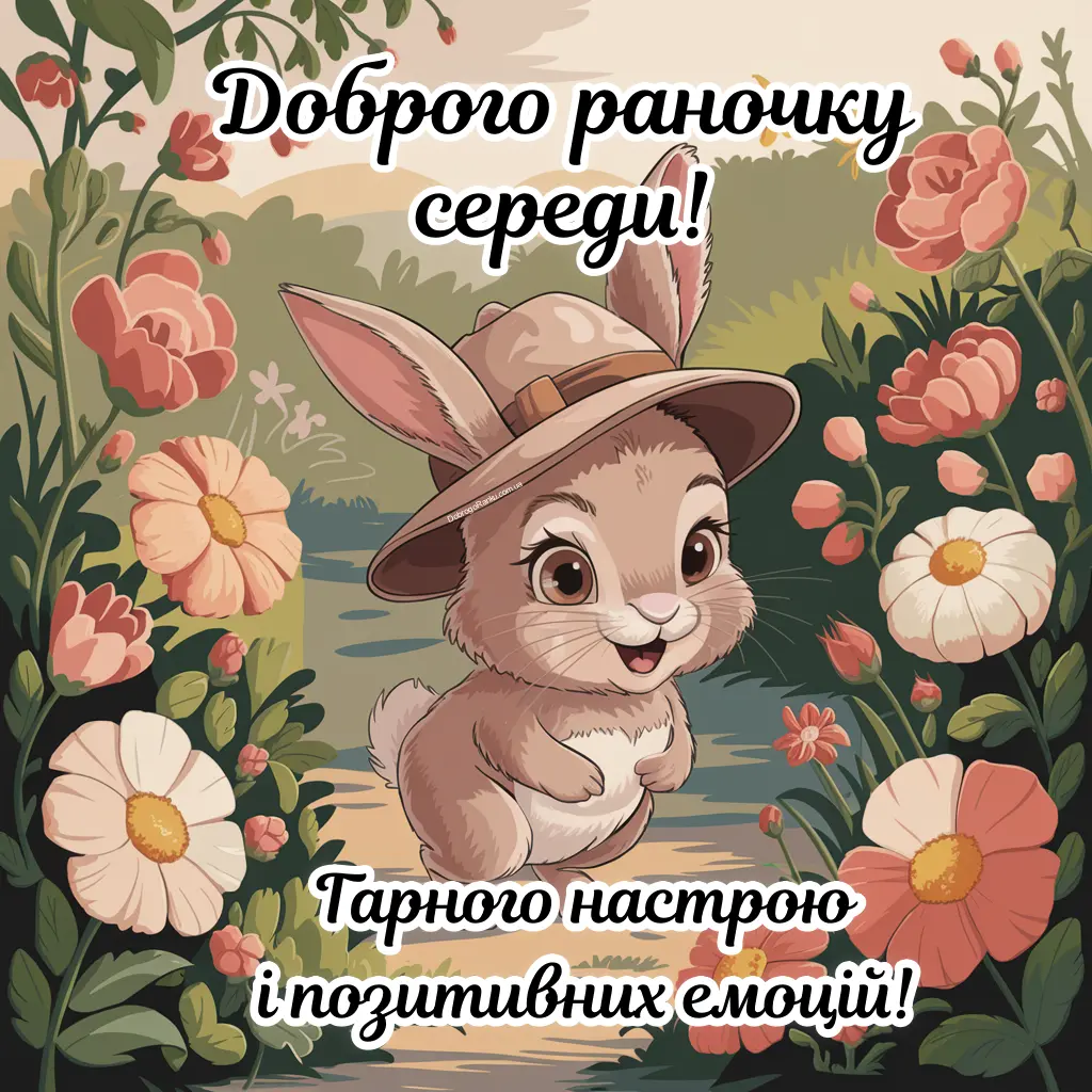 Побажання доброго ранку середи. Зайчик, квіти