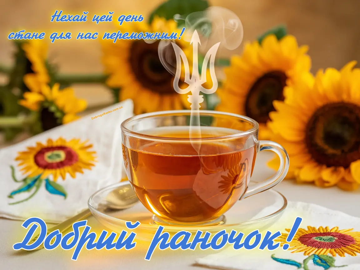 Побажання доброго ранку і переможного дня. Соняшники, чай, герб України
