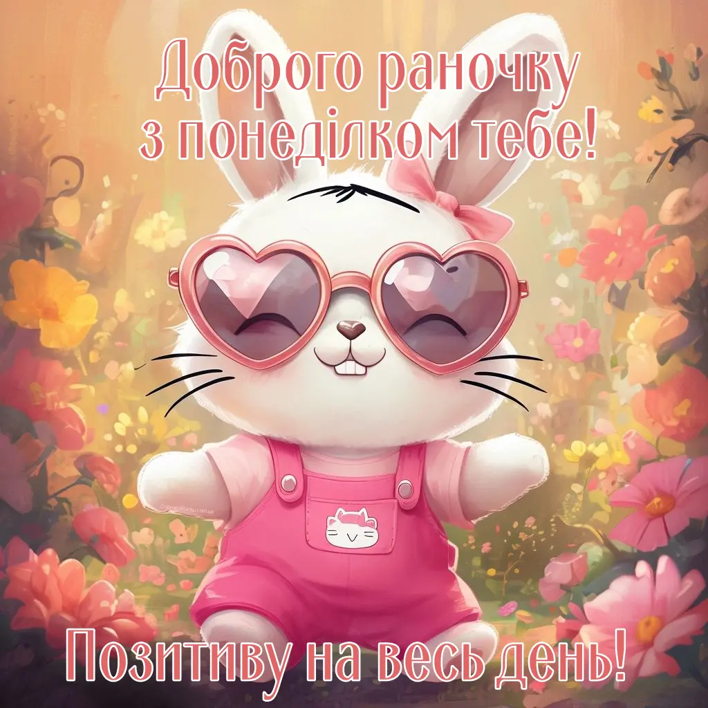 Побажання доброго ранку і привітання з понеділком. Зайчик, рожеві окуляри