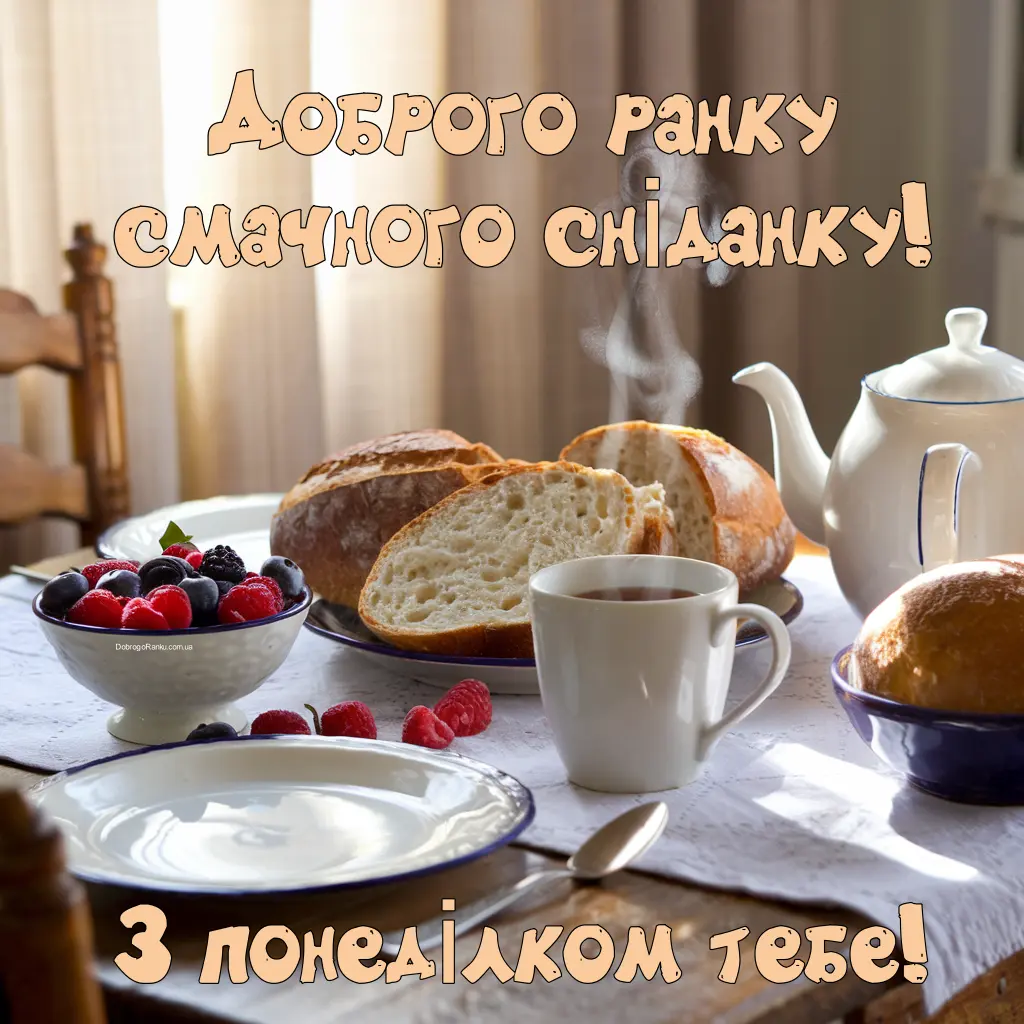 Побажання доброго ранку і смачного сніданку. Чай, свіжий батон, ягоди
