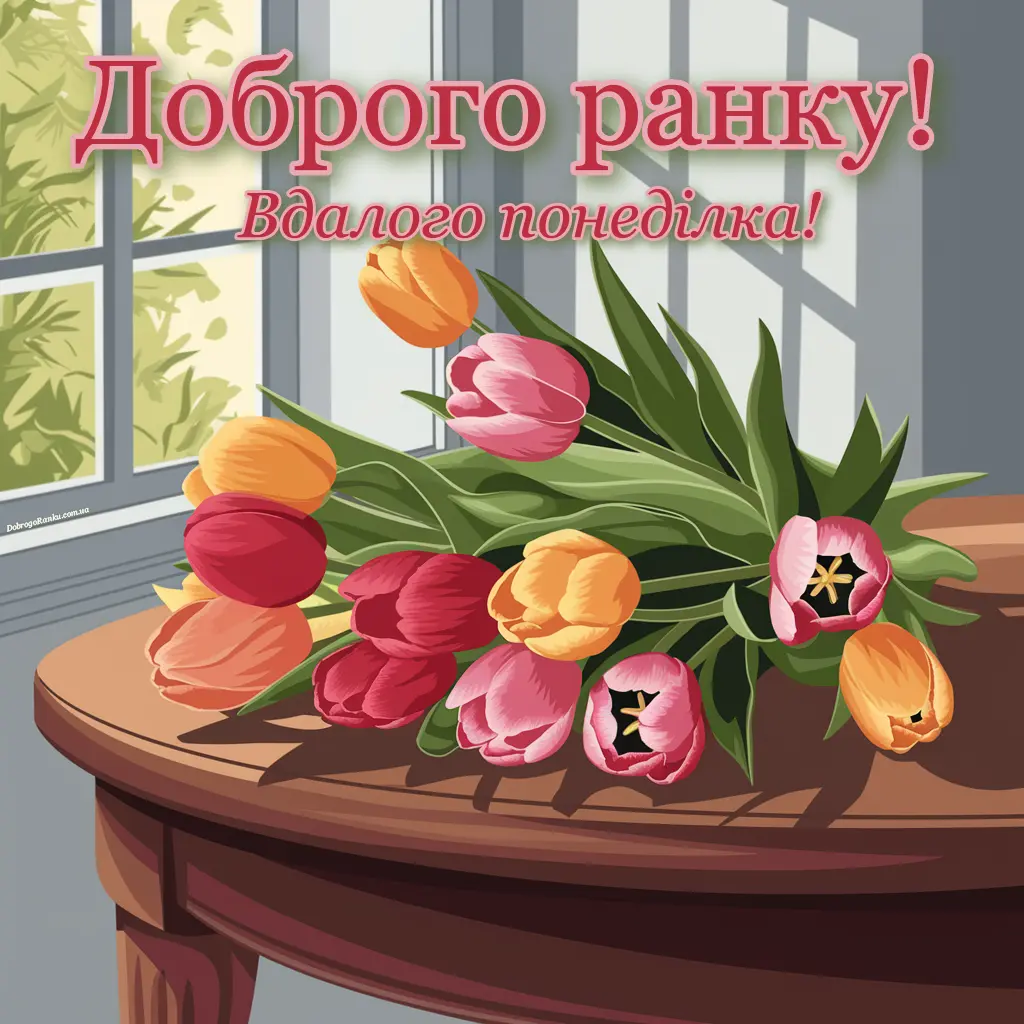 Побажання доброго ранку в картинках. Вдалого понеділка, букет тюльпанів