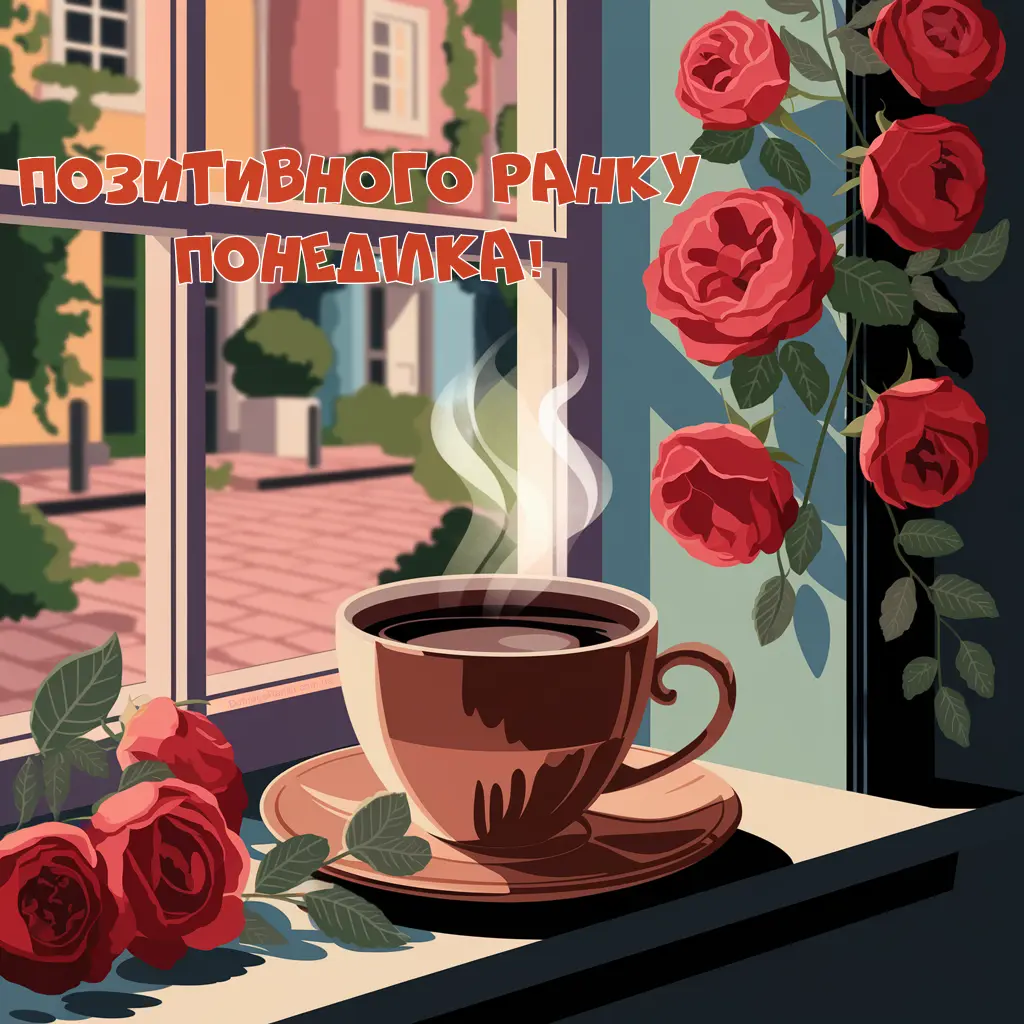 Побажання позитивного ранку понеділка. Рози, кава