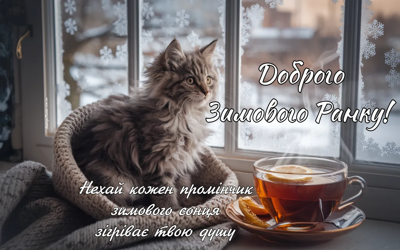 Побажання теплого зимового ранку - котик, кружка з чаєм