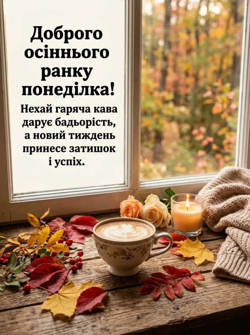 Порцелянова чашка кави на підвіконні з осіннім листячком — Доброго ранку понеділка!