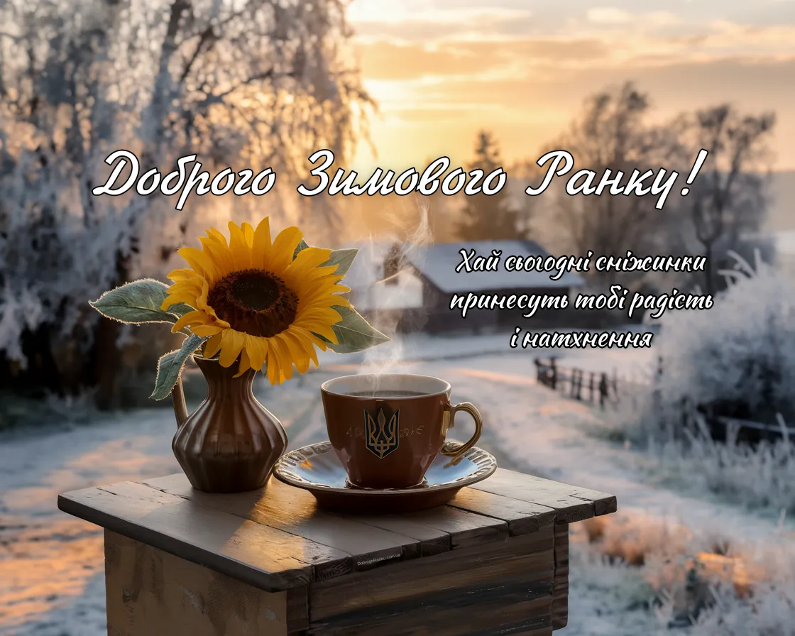 Привітання із зимовим ранком - кружка кави з тризубом, соняшник у вазі