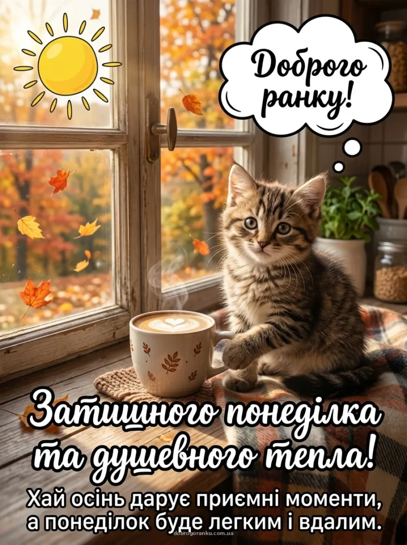 Пухнастий кот біля вікна з кавовою чашкою — Вдалого дня!