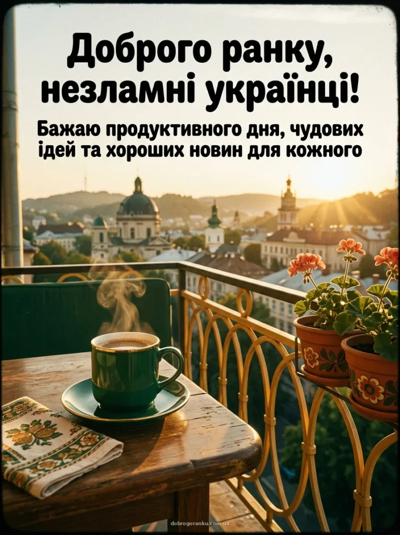 Ранкова кава на балконі з краєвидом міста — патріотичні картинки доброго ранку