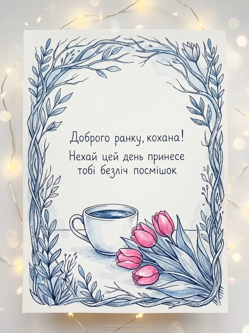 Ранкова кава та букет ніжних рожевих тюльпанів — Доброго ранку кохана
