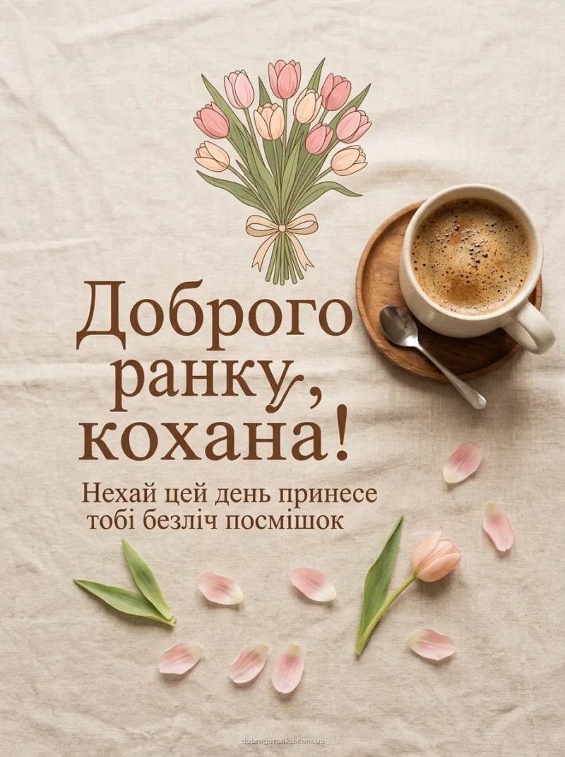 Ранкова кава та букет ніжних рожевих тюльпанів — Доброго ранку кохана