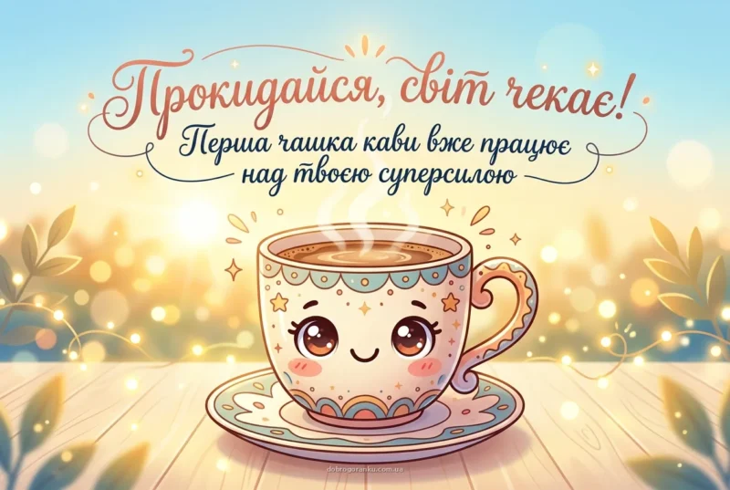 Кумедна чашка кави — доброго ранку гарного дня мирного неба картинки українською мовою
